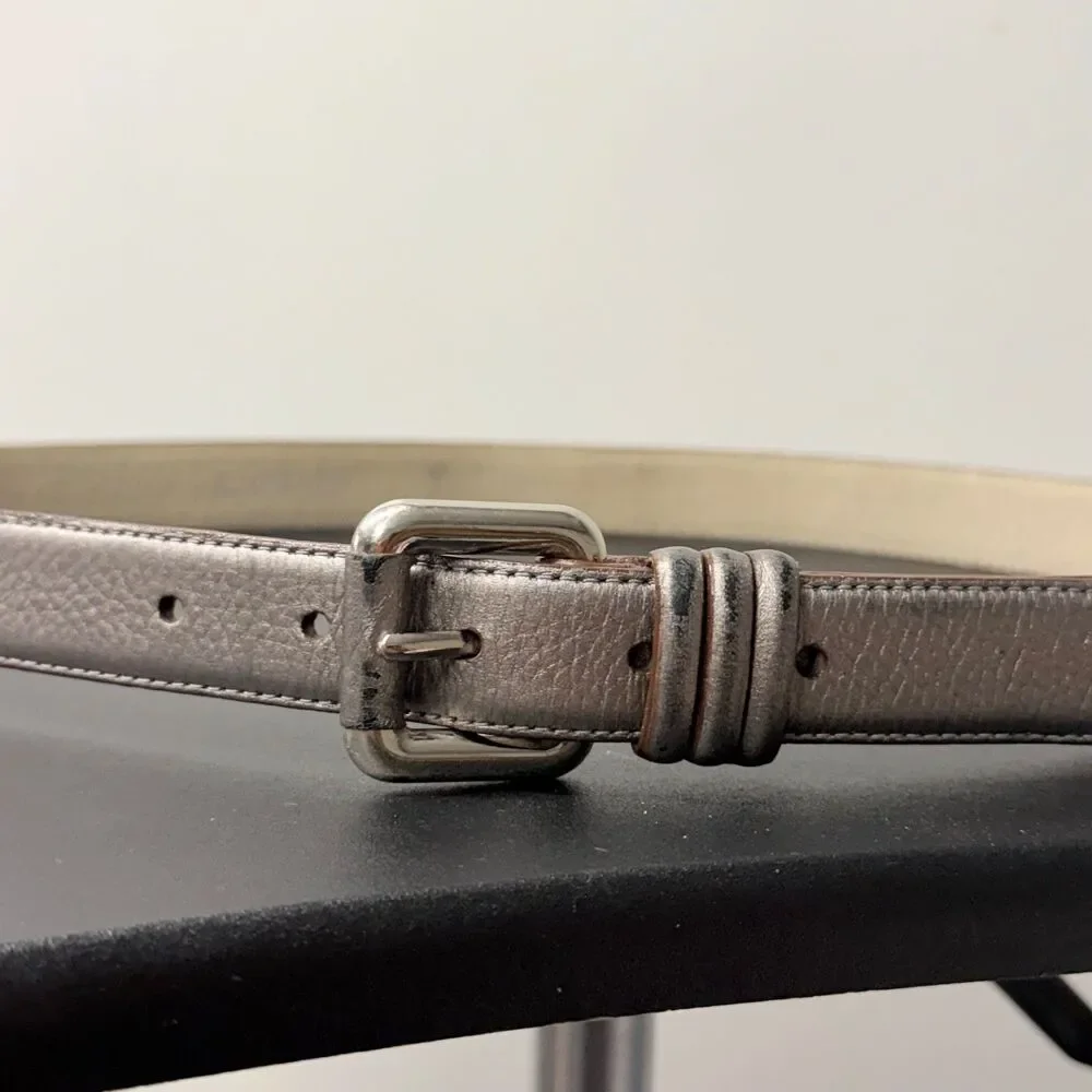 Lodis Genuine Leather Belt Women Metallic Bronze Skinny Belt Silver Buckle 38”